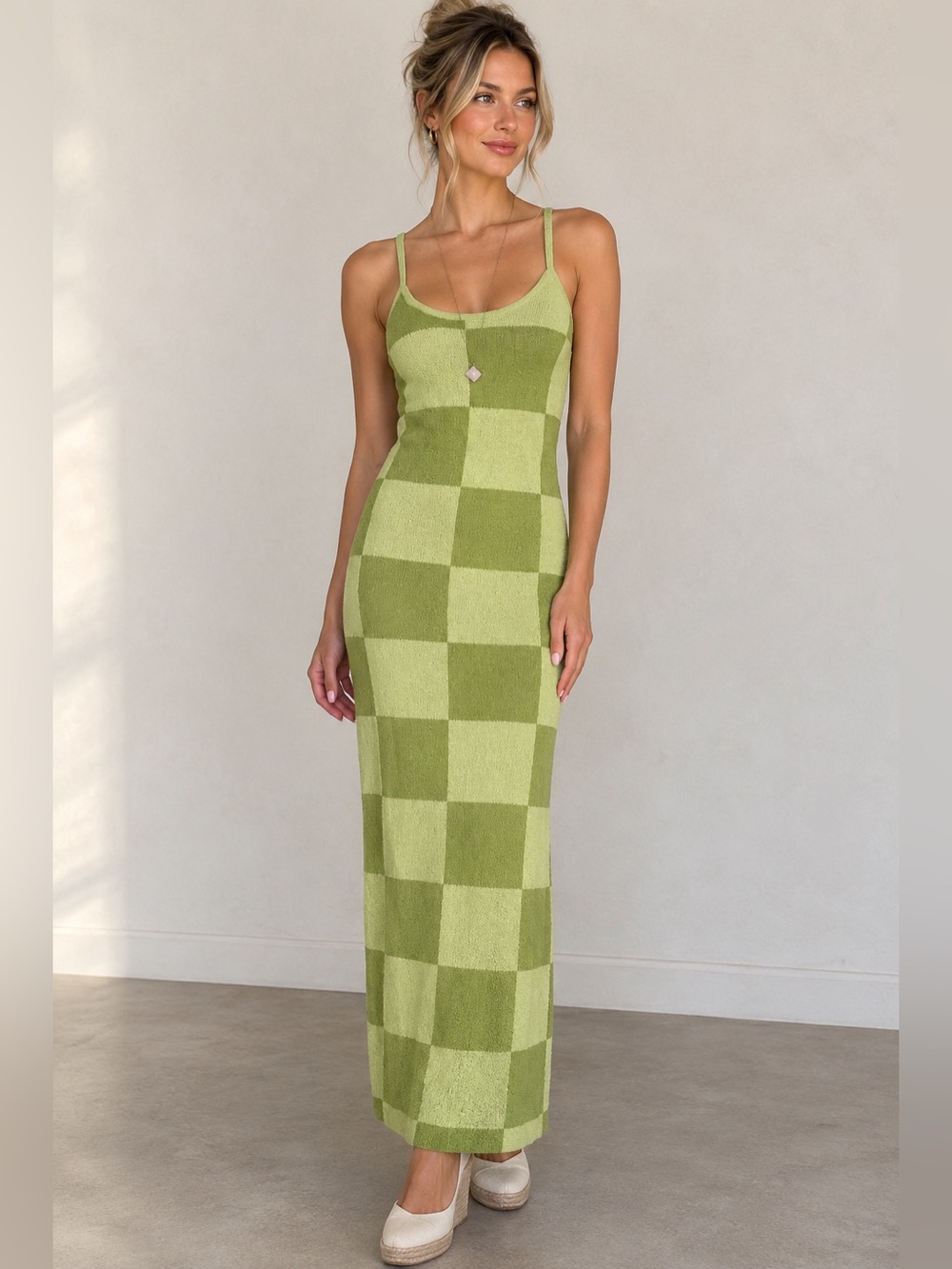 Peppermayo 100% Cotton Cali Sweetheart Checkered Knit Maxi Dress Green Lime XS